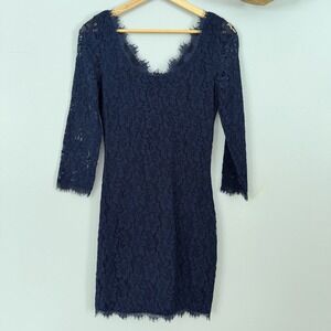 Diane Von Furstenberg Dress Coquette Navy Blue Fairy Glam Chic Lace Mini Sheath